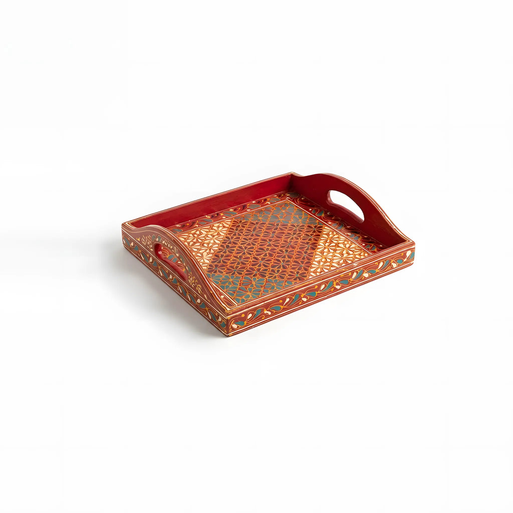Crimson Swati hand-painted wooden serving tray 12x12 inch, daisy lattice - view 3