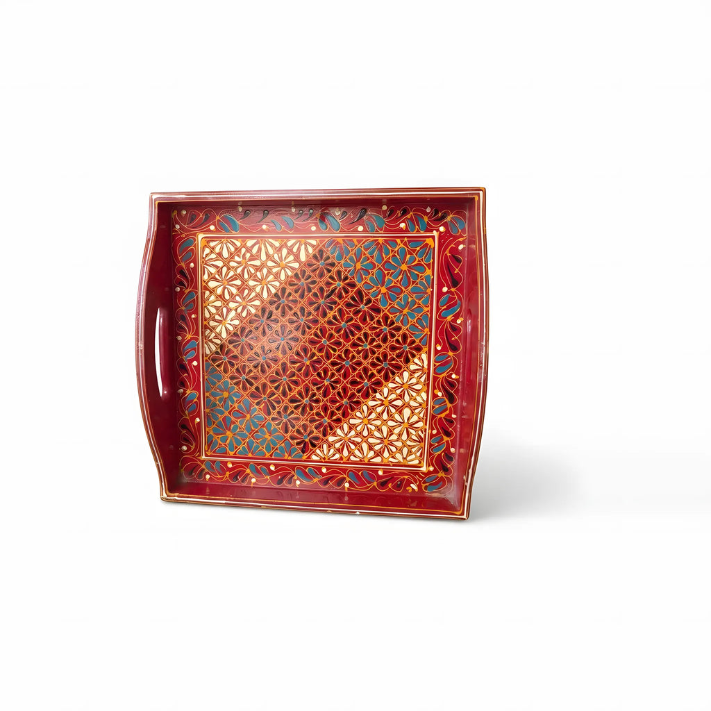 Crimson Swati hand-painted wooden serving tray 12x12 inch, daisy lattice - view 4