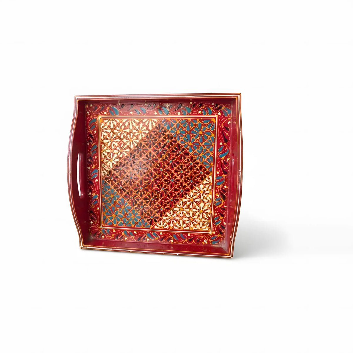 Crimson Swati hand-painted wooden serving tray 12x12 inch, daisy lattice - view 4