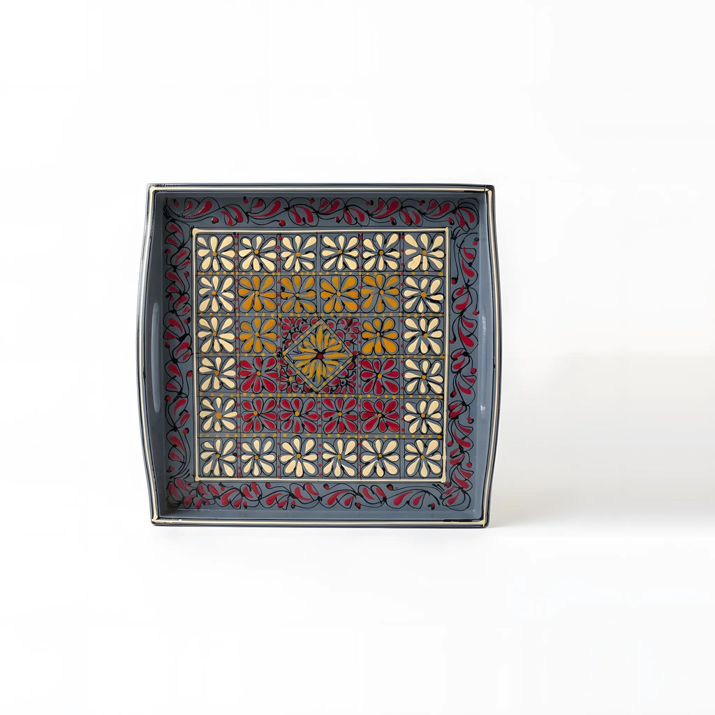 Slate blue Swati hand-painted wooden serving tray 12x12 inch, daisy grid