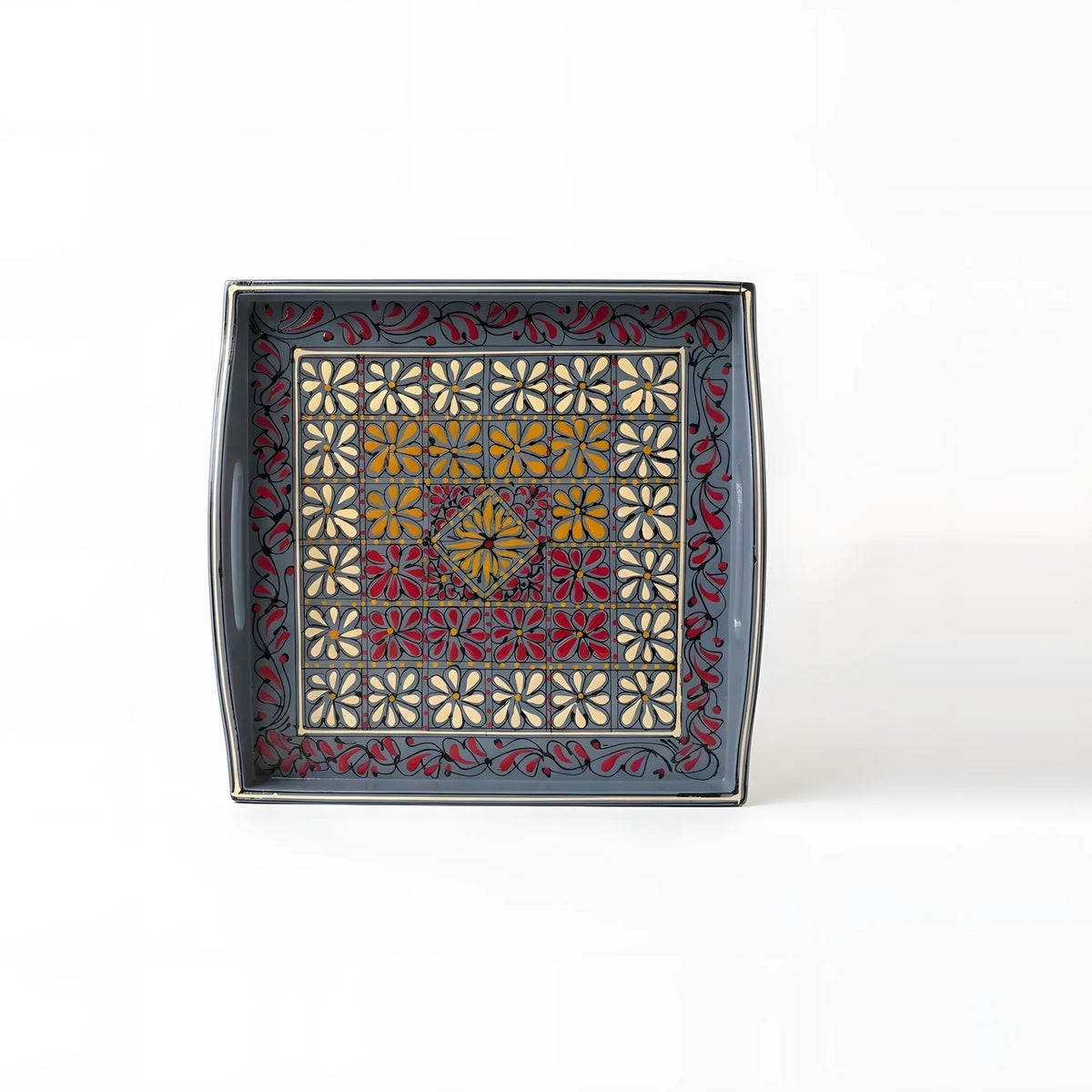 Slate blue Swati hand-painted wooden serving tray 12x12 inch, daisy grid