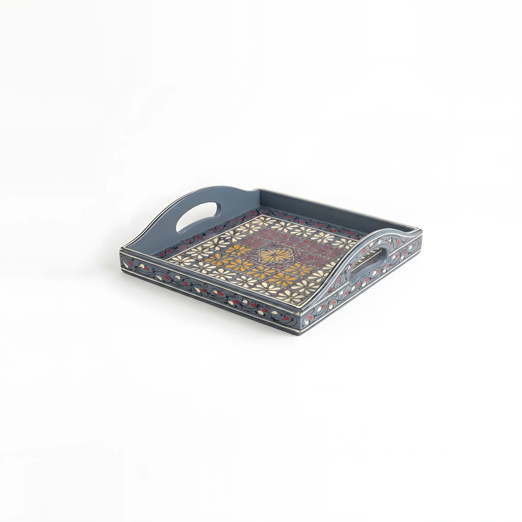 Slate blue Swati hand-painted wooden serving tray 12x12 inch, daisy grid - view 2