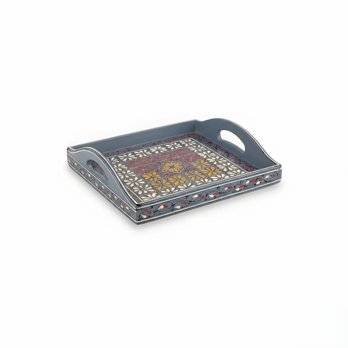 Slate blue Swati hand-painted wooden serving tray 12x12 inch, daisy grid - view 3
