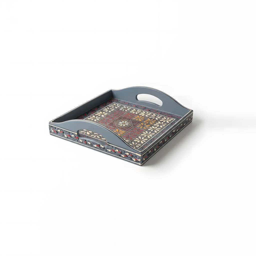Slate blue Swati hand-painted wooden serving tray 12x12 inch, daisy grid - view 4