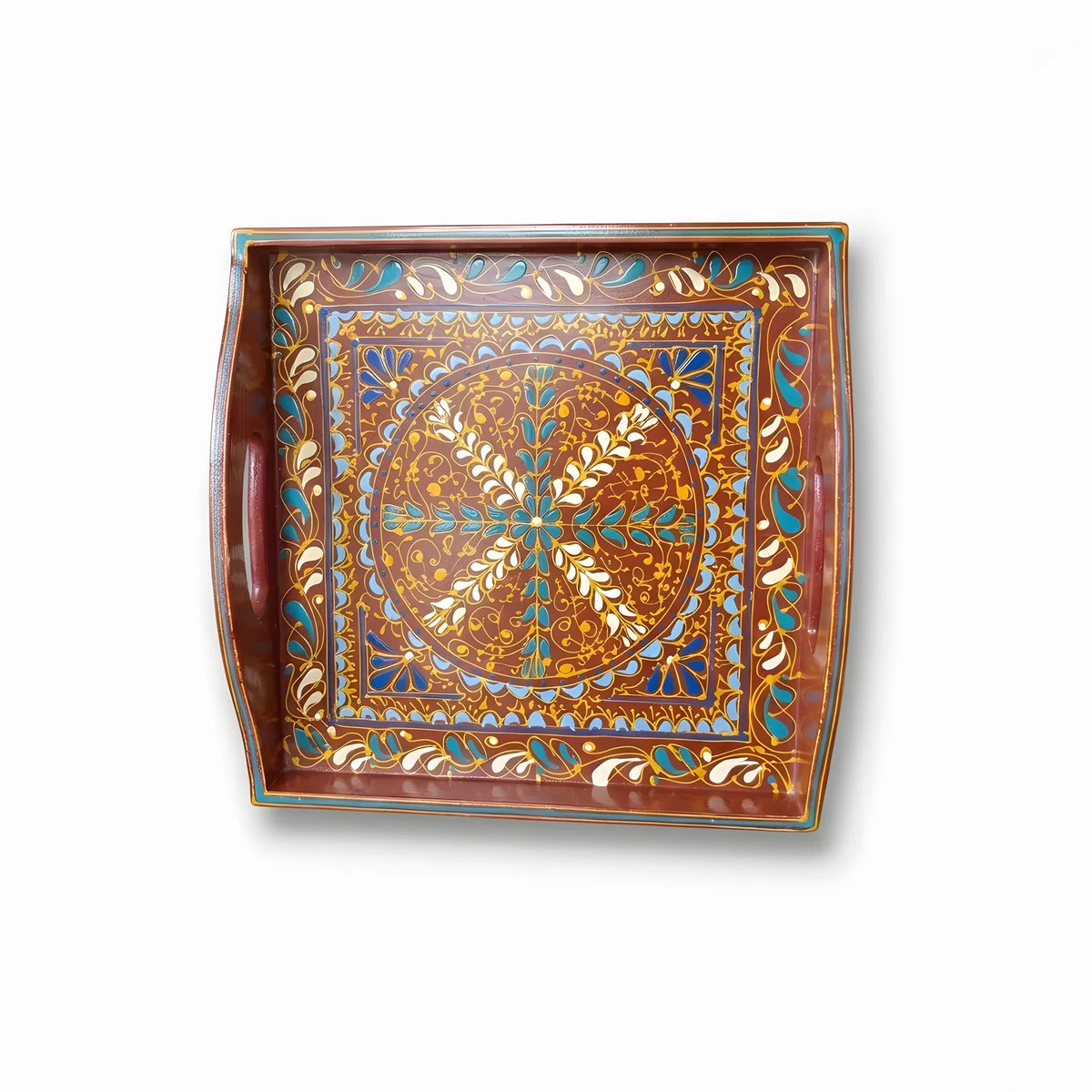 Chestnut Swati hand-painted wooden serving tray 12x12 inch, centre medallion