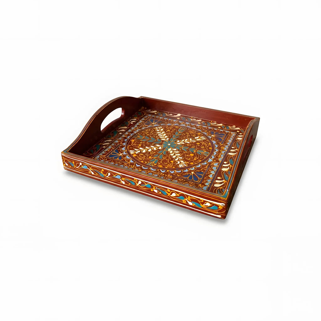 Chestnut Swati hand-painted wooden serving tray 12x12 inch, centre medallion - view 2