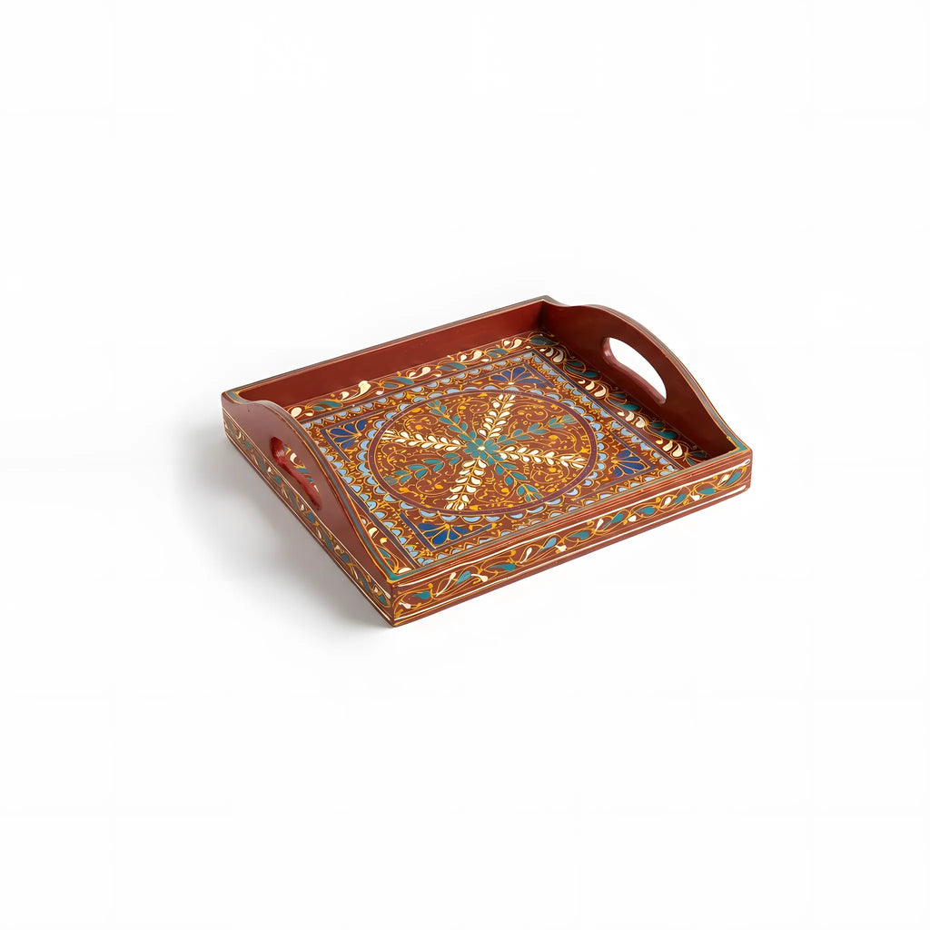 Chestnut Swati hand-painted wooden serving tray 12x12 inch, centre medallion - view 3