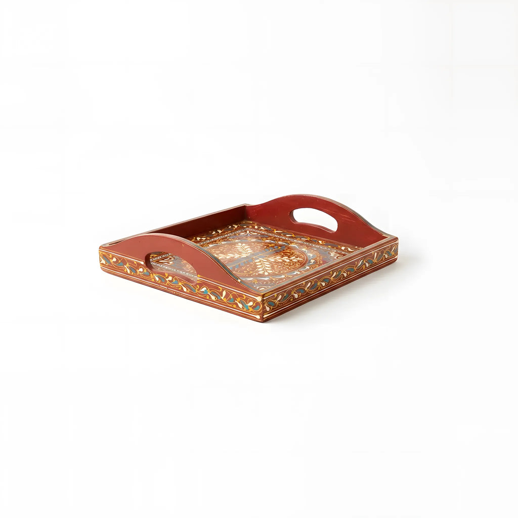 Chestnut Swati hand-painted wooden serving tray 12x12 inch, centre medallion - view 4