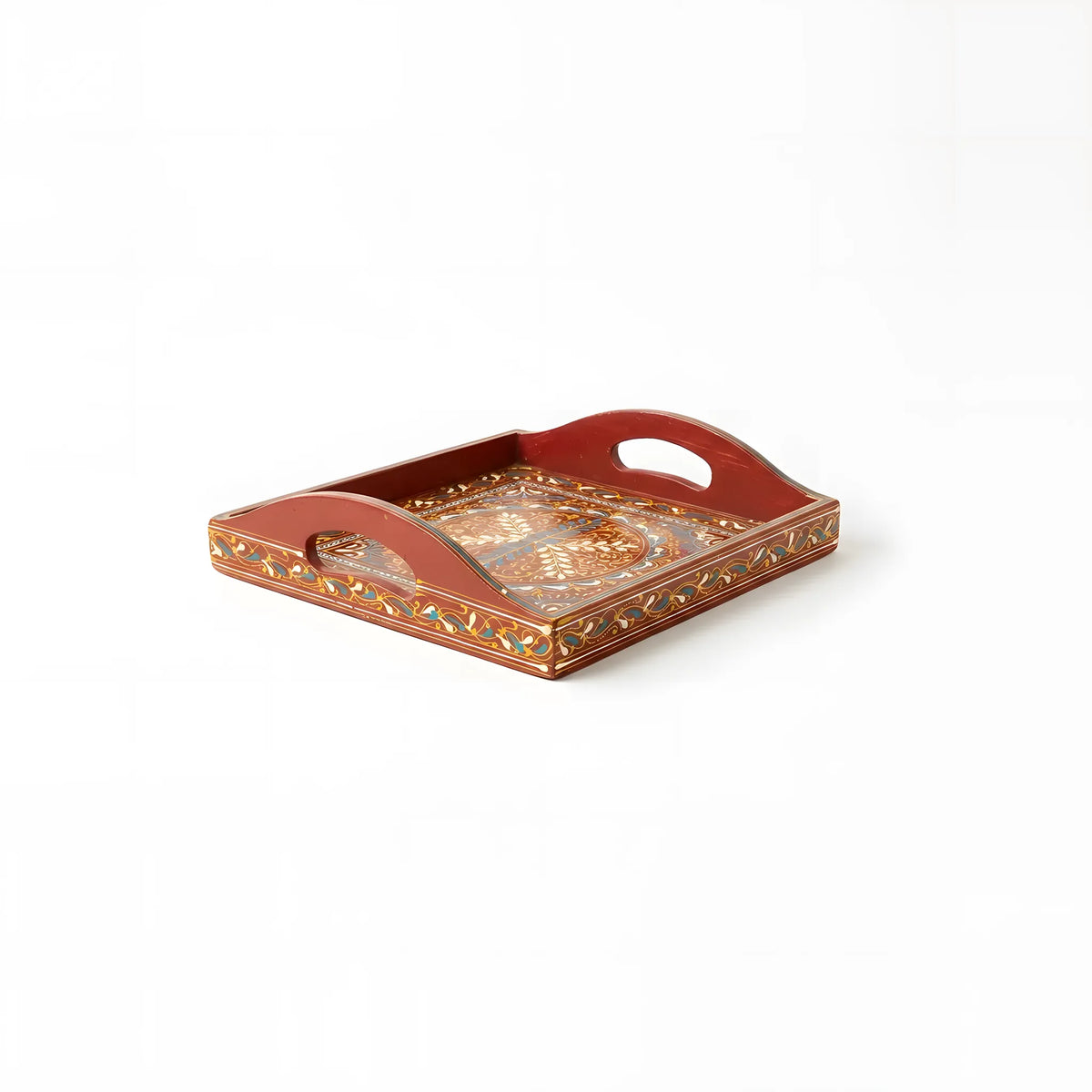 Chestnut Swati hand-painted wooden serving tray 12x12 inch, centre medallion - view 4