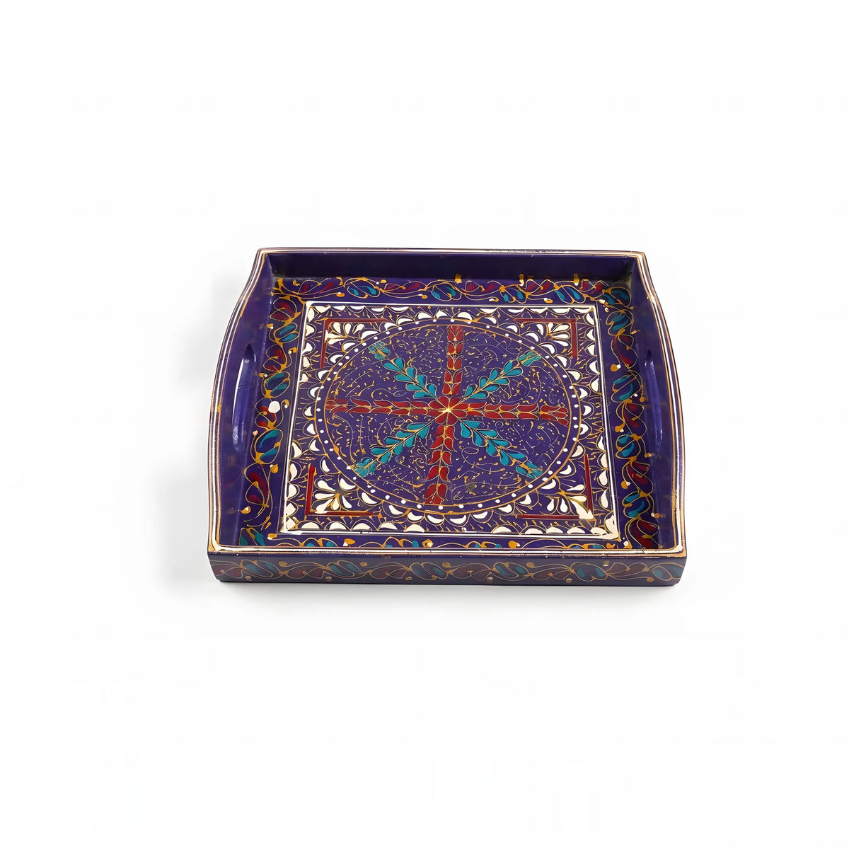 Indigo Swati hand-painted wooden serving tray 12x12 inch, gold medallion