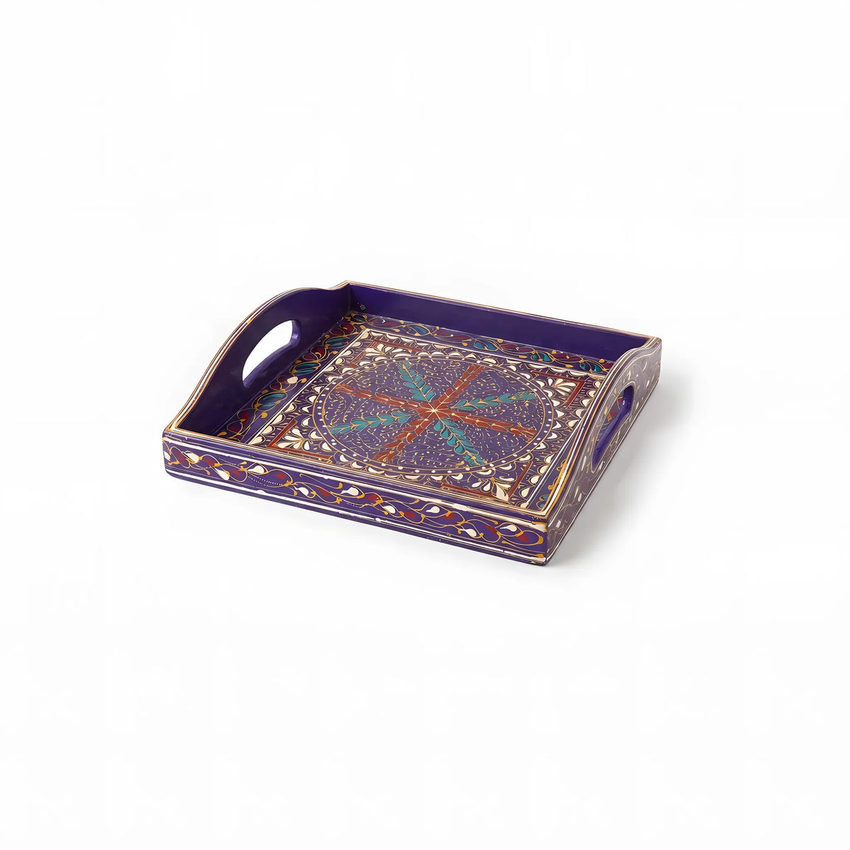 Indigo Swati hand-painted wooden serving tray 12x12 inch, gold medallion - view 2