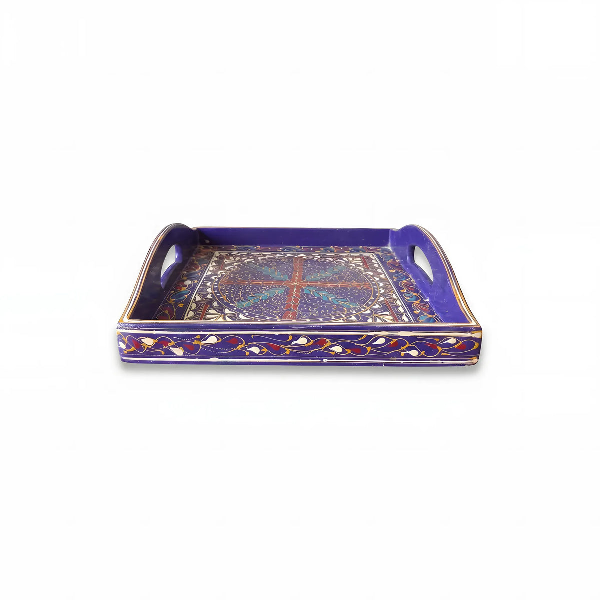 Indigo Swati hand-painted wooden serving tray 12x12 inch, gold medallion - view 3
