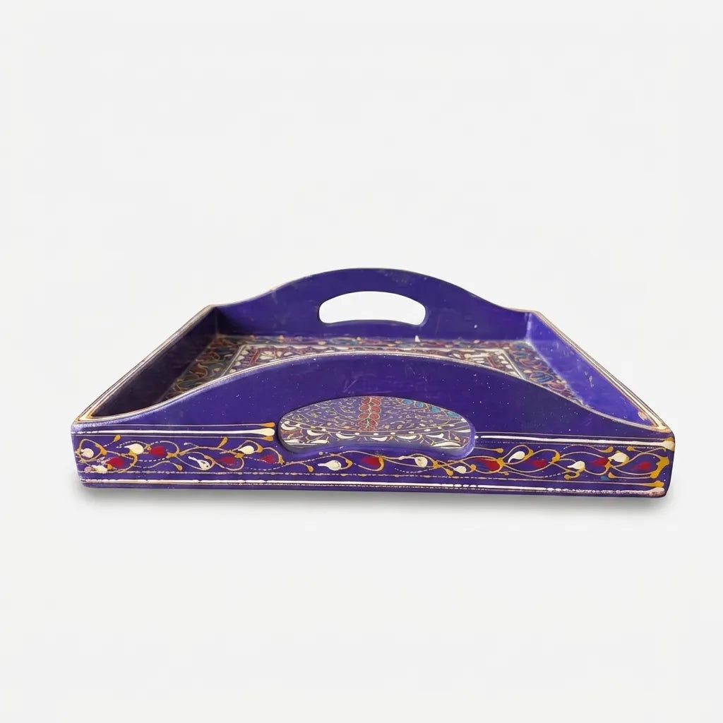 Indigo Swati hand-painted wooden serving tray 12x12 inch, gold medallion - view 4