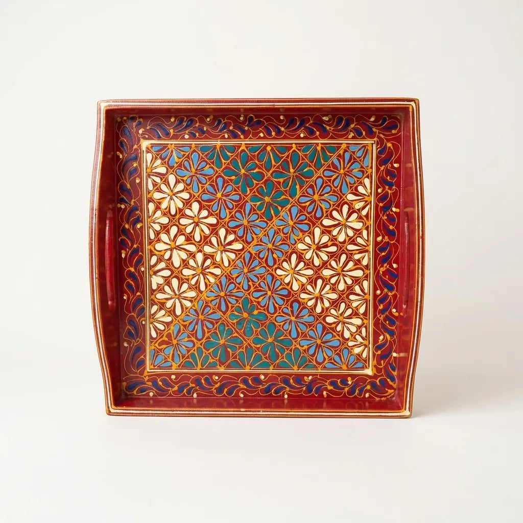Maroon Swati hand-painted wooden serving tray 12x12 inch, floral lattice