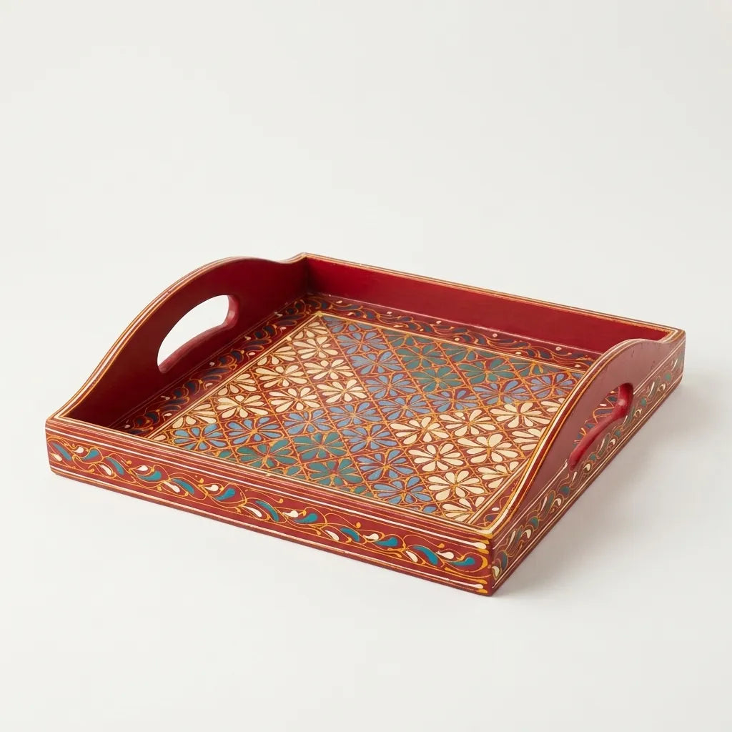 Maroon Swati hand-painted wooden serving tray 12x12 inch, floral lattice - view 2
