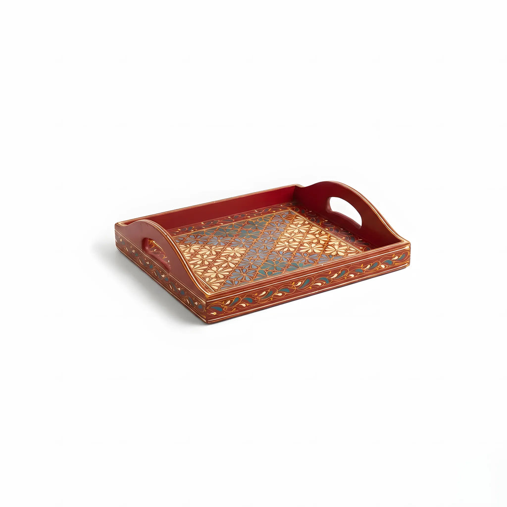 Maroon Swati hand-painted wooden serving tray 12x12 inch, floral lattice - view 3