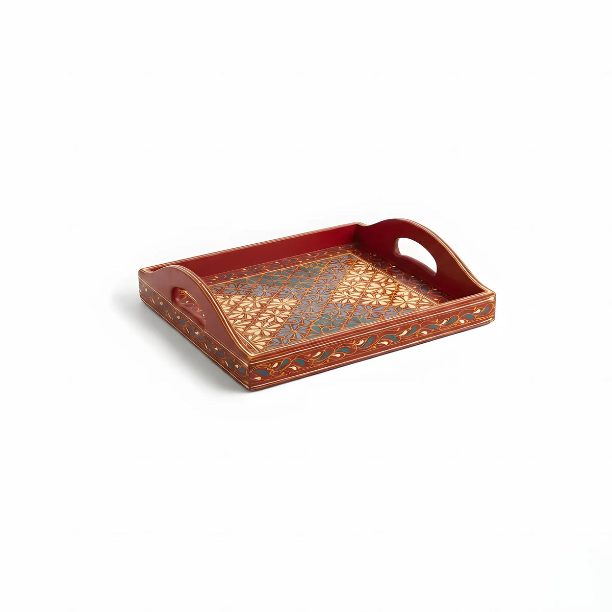 Maroon Swati hand-painted wooden serving tray 12x12 inch, floral lattice - view 3