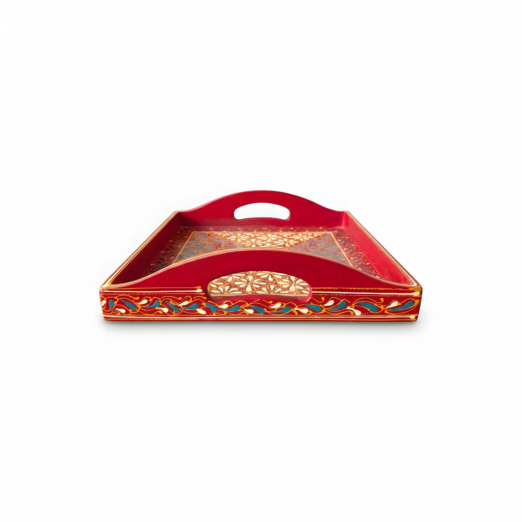 Maroon Swati hand-painted wooden serving tray 12x12 inch, floral lattice - view 4