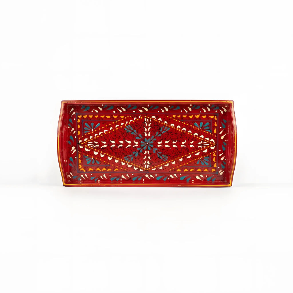 Scarlet Swati hand-painted wooden long tray 8x16 inch, diamond lattice
