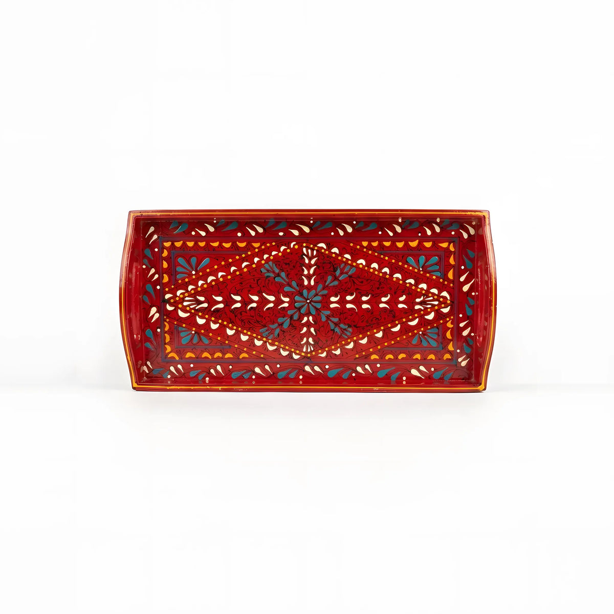 Scarlet Swati hand-painted wooden long tray 8x16 inch, diamond lattice