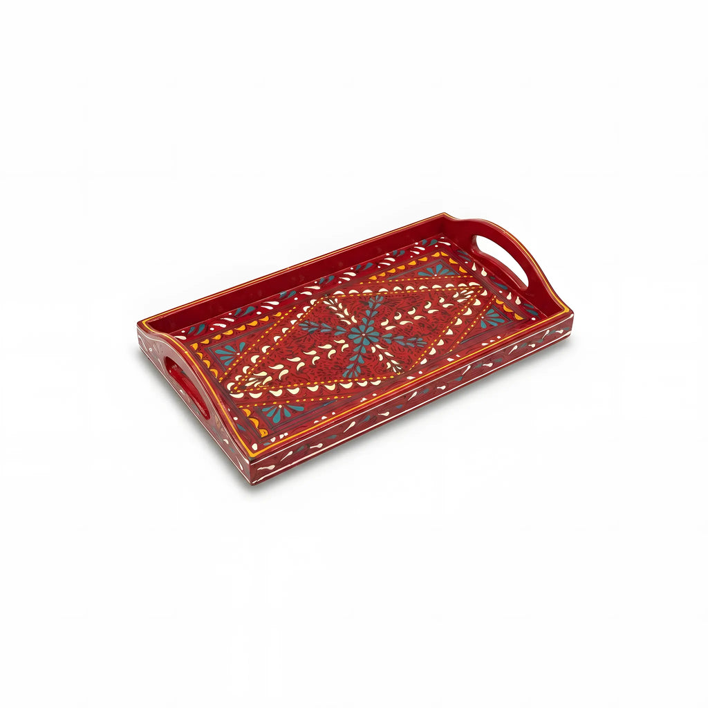 Scarlet Swati hand-painted wooden long tray 8x16 inch, diamond lattice - view 2