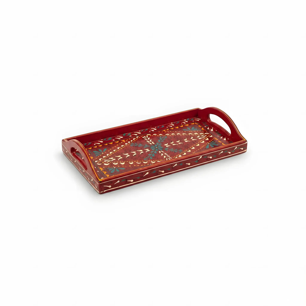 Scarlet Swati hand-painted wooden long tray 8x16 inch, diamond lattice - view 3