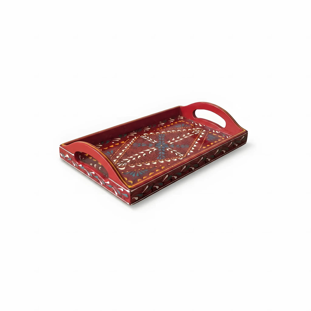 Scarlet Swati hand-painted wooden long tray 8x16 inch, diamond lattice - view 4