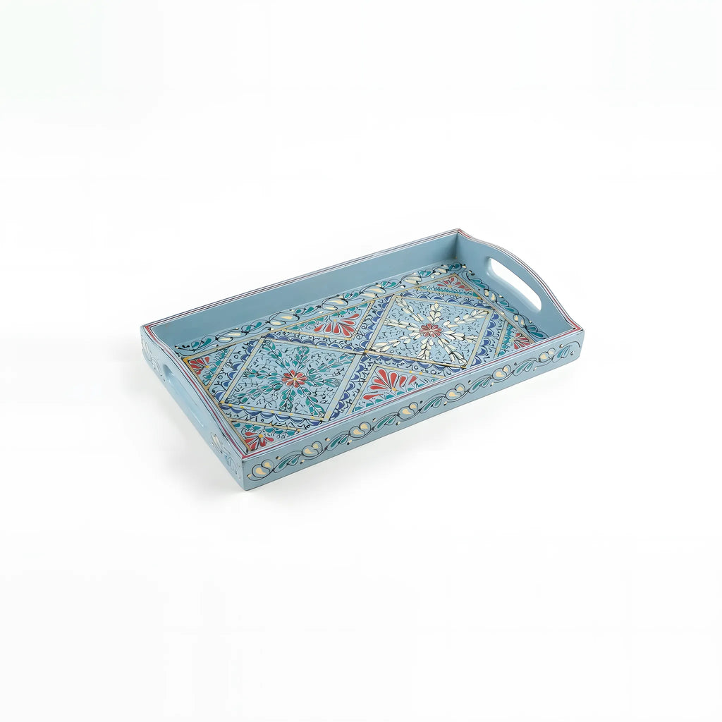 Powder blue Swati hand-painted wooden long tray 8x16 inch, twin diamonds