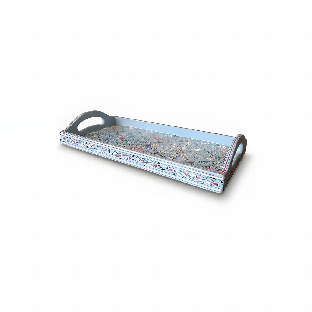 Powder blue Swati hand-painted wooden long tray 8x16 inch, twin diamonds - view 2