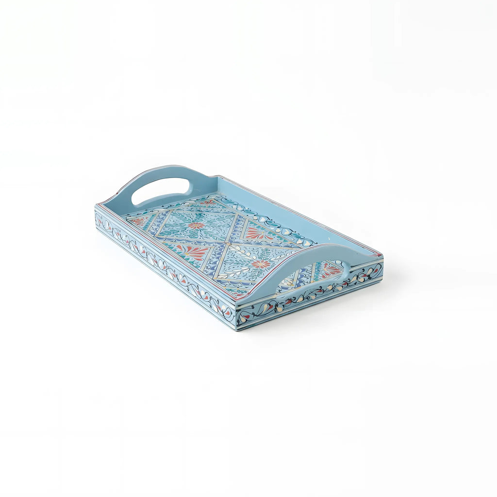Powder blue Swati hand-painted wooden long tray 8x16 inch, twin diamonds - view 3