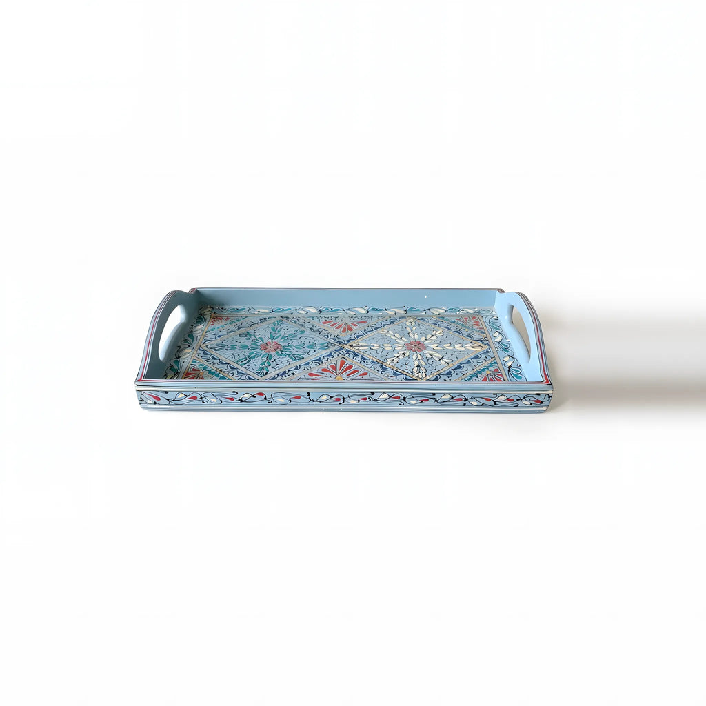 Powder blue Swati hand-painted wooden long tray 8x16 inch, twin diamonds - view 4