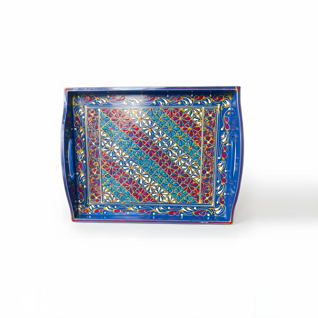 Cobalt Swati hand-painted wooden serving tray 12x15 inch, daisy lattice