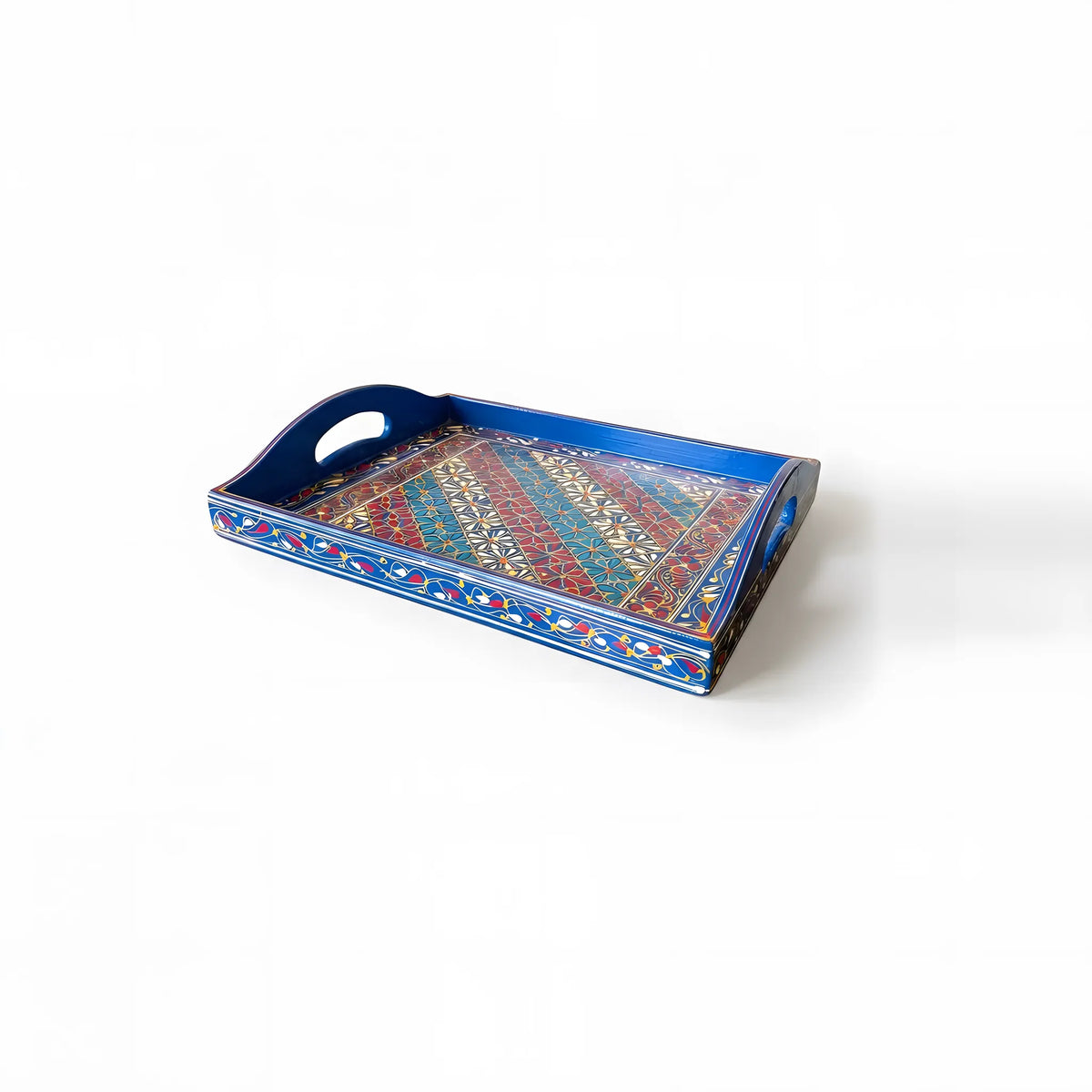Cobalt Swati hand-painted wooden serving tray 12x15 inch, daisy lattice - view 2