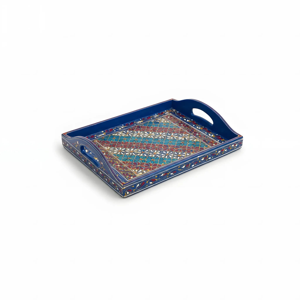 Cobalt Swati hand-painted wooden serving tray 12x15 inch, daisy lattice - view 3