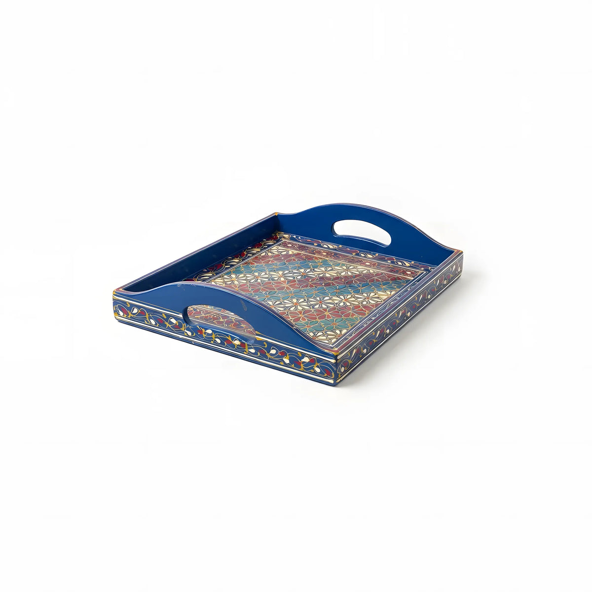 Cobalt Swati hand-painted wooden serving tray 12x15 inch, daisy lattice - view 4