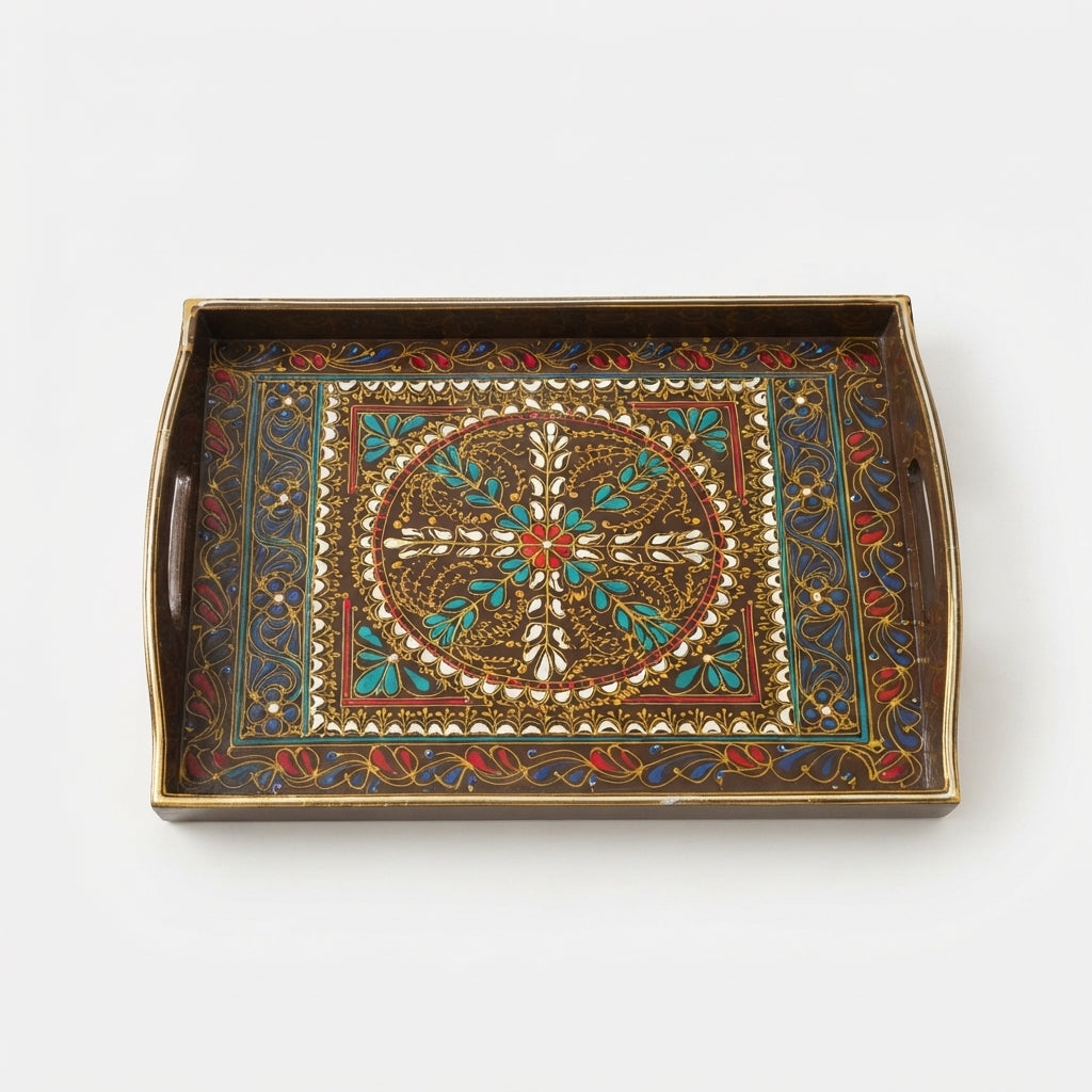 Chocolate Swati Wooden Tray - 12x15 Inch Hand-Painted Medallion Serving Tray