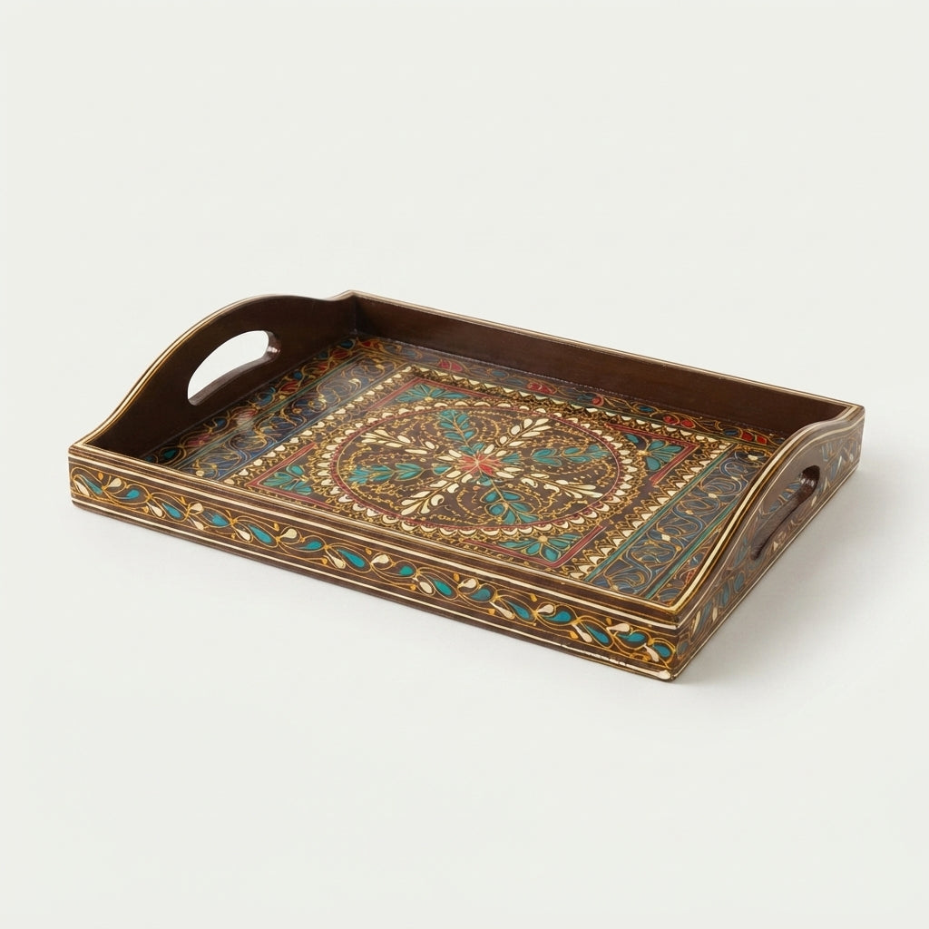 Chocolate Swati Wooden Tray - 12x15 Inch Hand-Painted Medallion Serving Tray