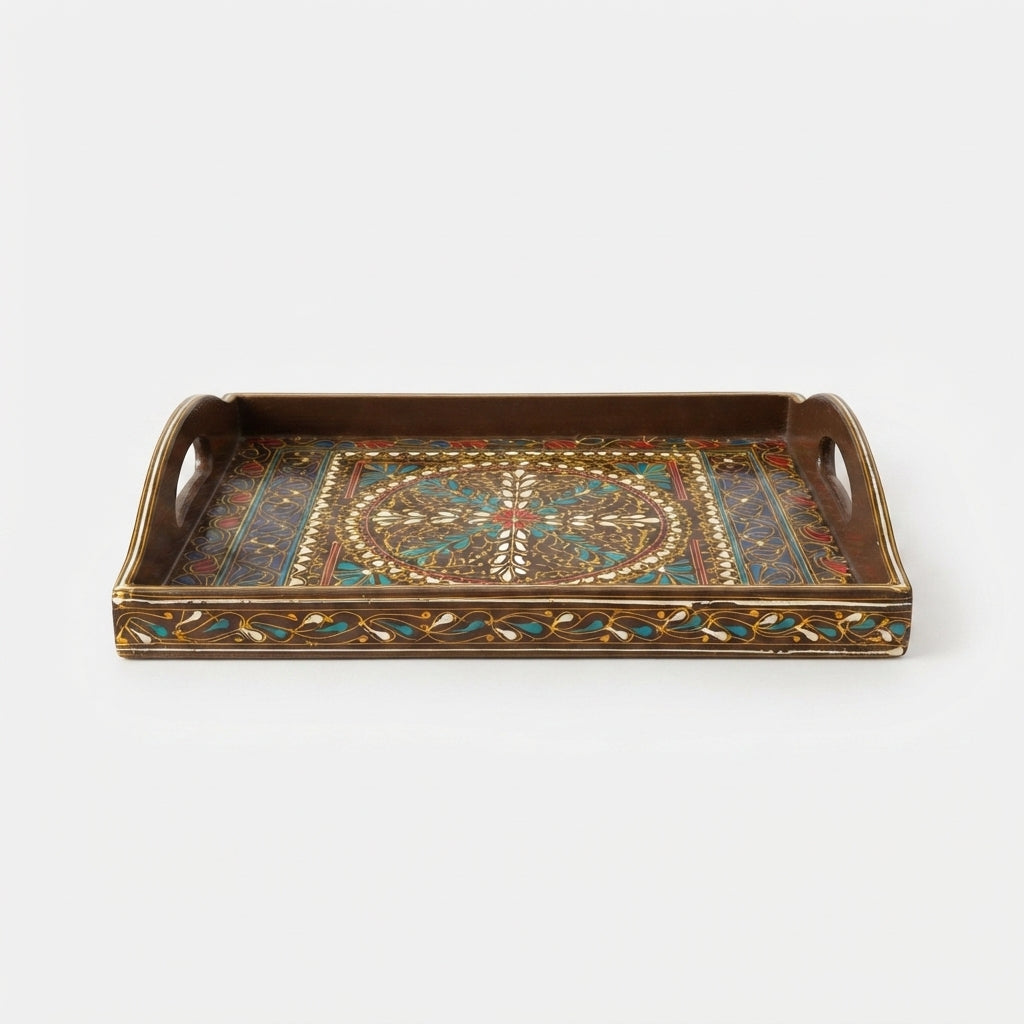 Chocolate Swati Wooden Tray - 12x15 Inch Hand-Painted Medallion Serving Tray