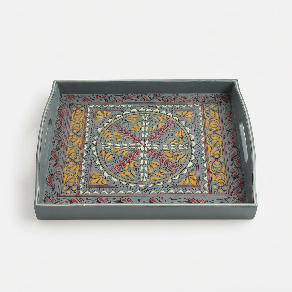Dove Grey Swati Wooden Tray - 12x15 Inch Hand-Painted Medallion Serving Tray