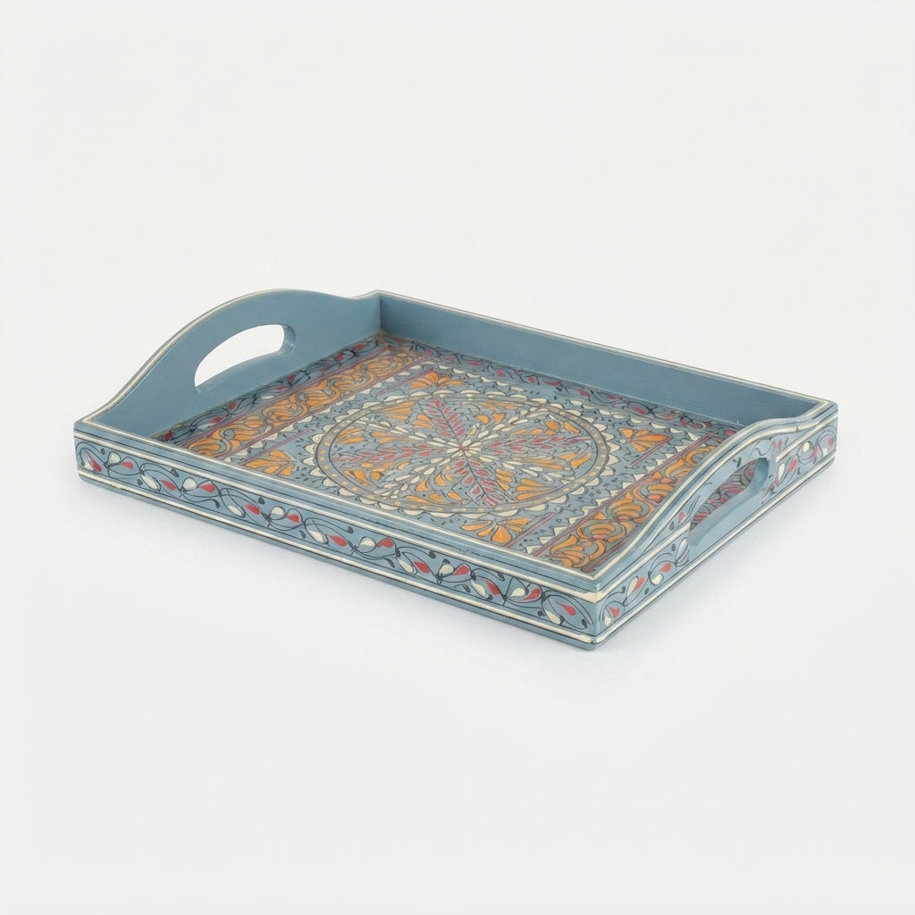 Dove Grey Swati Wooden Tray - 12x15 Inch Hand-Painted Medallion Serving Tray