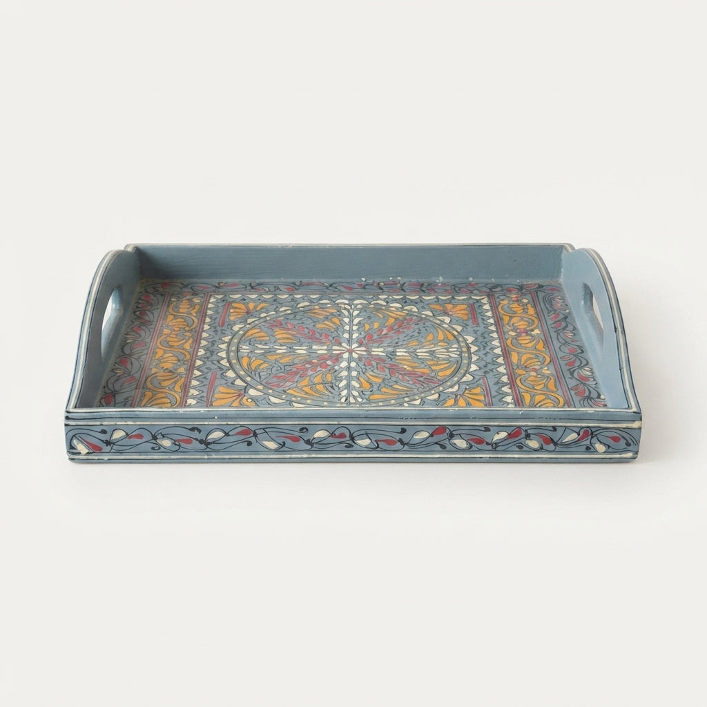 Dove Grey Swati Wooden Tray - 12x15 Inch Hand-Painted Medallion Serving Tray