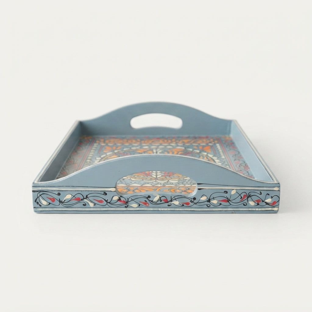 Dove Grey Swati Wooden Tray - 12x15 Inch Hand-Painted Medallion Serving Tray