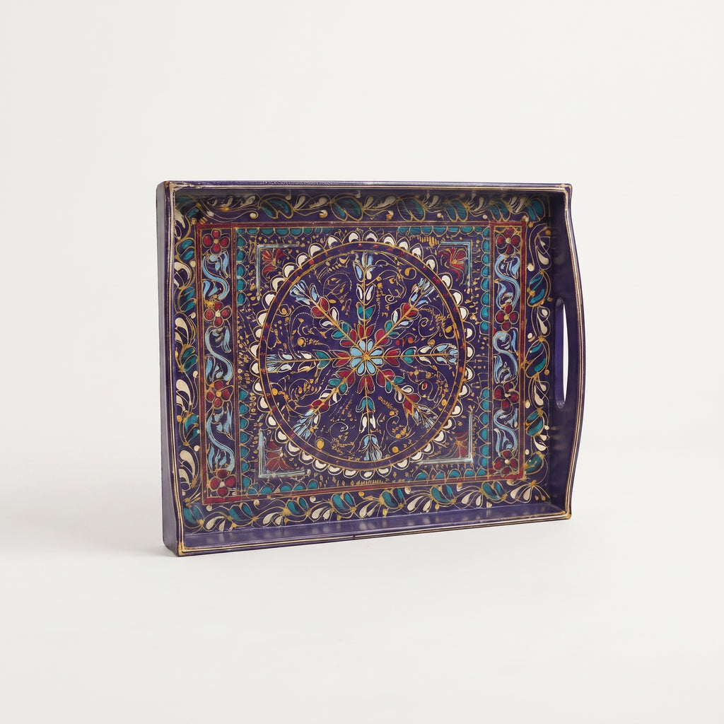 Indigo Swati Wooden Tray - 12x15 Inch Hand-Painted Rectangular Serving Tray