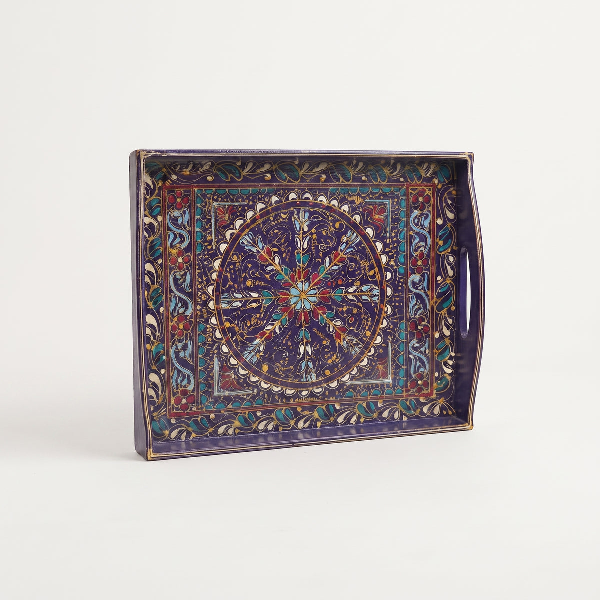 Indigo Swati Wooden Tray - 12x15 Inch Hand-Painted Rectangular Serving Tray
