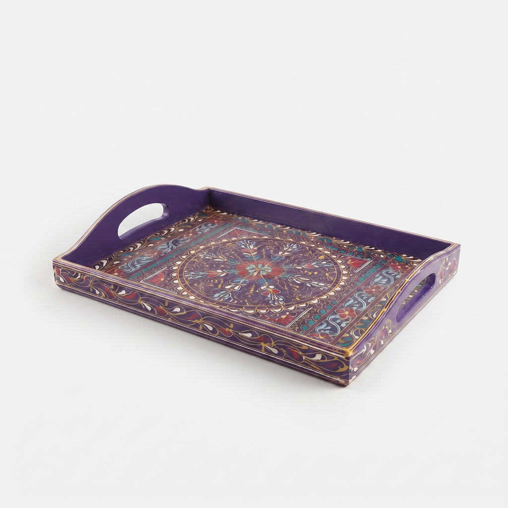 Indigo Swati Wooden Tray - 12x15 Inch Hand-Painted Rectangular Serving Tray