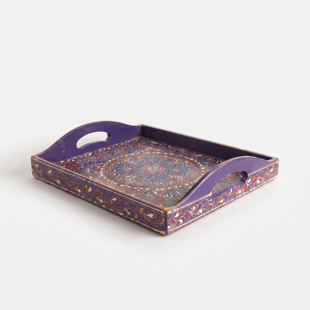 Indigo Swati Wooden Tray - 12x15 Inch Hand-Painted Rectangular Serving Tray