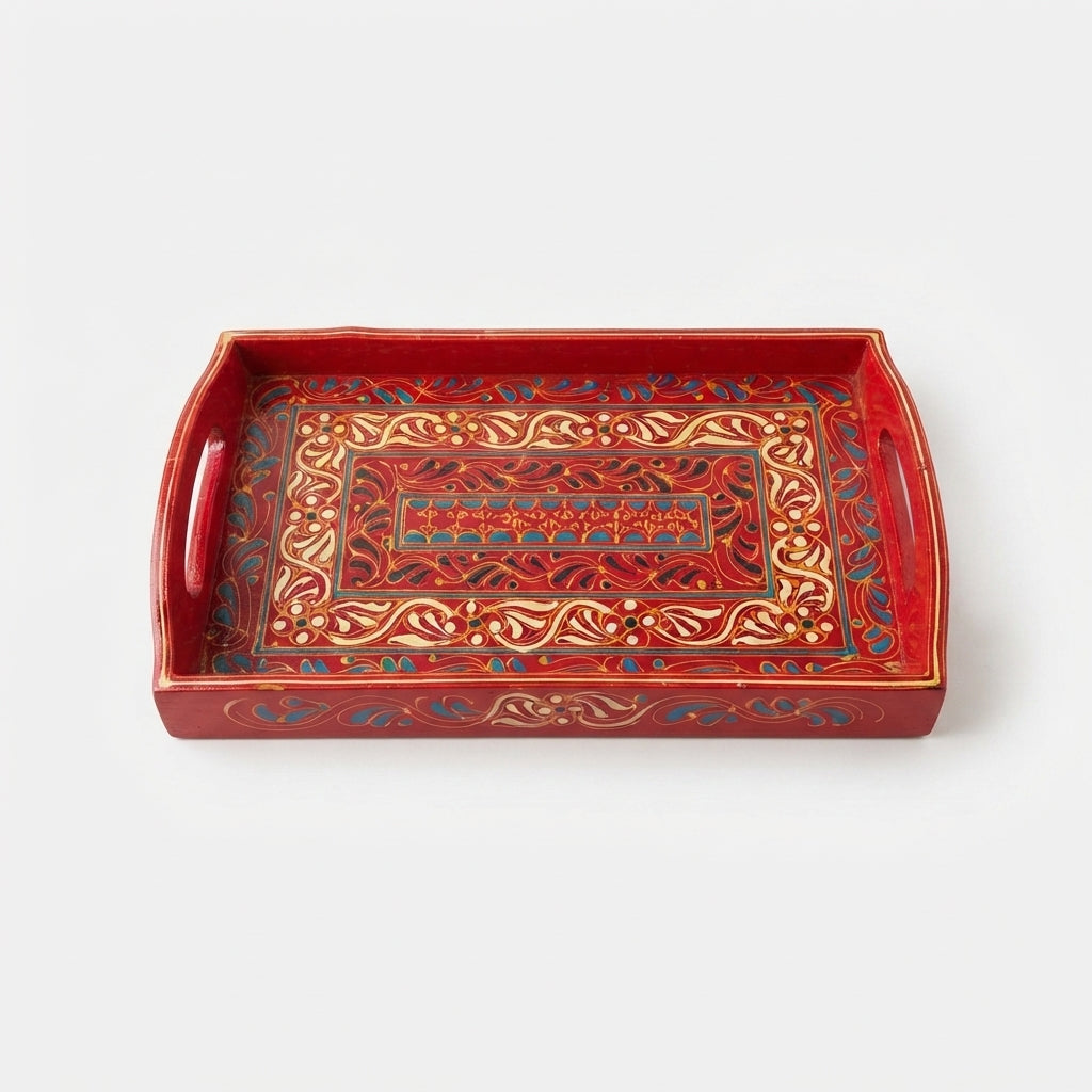 Red Swati Wooden Tray - 8x12 Inch Hand-Painted Banded Scroll Tray