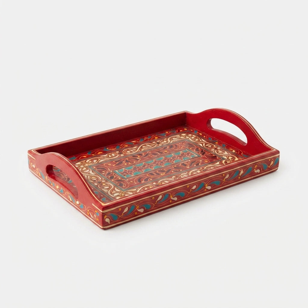 Red Swati Wooden Tray - 8x12 Inch Hand-Painted Banded Scroll Tray