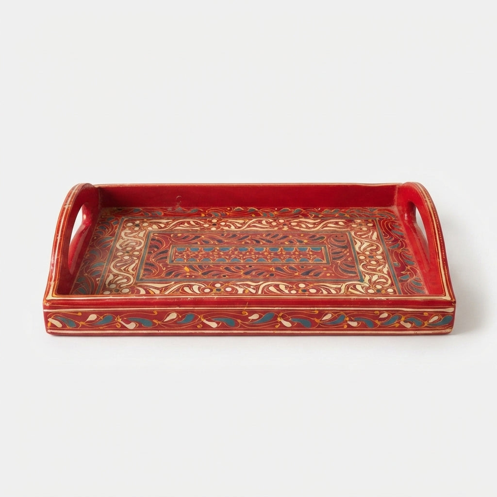 Red Swati Wooden Tray - 8x12 Inch Hand-Painted Banded Scroll Tray