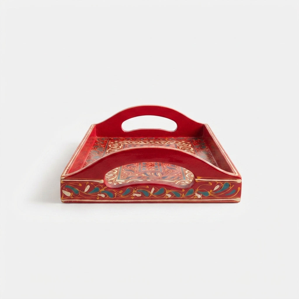 Red Swati Wooden Tray - 8x12 Inch Hand-Painted Banded Scroll Tray